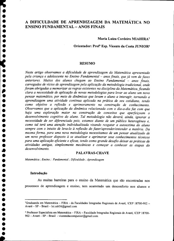 A Dificuldade De Aprendizagem Da Matem Tica No Ensino Fundamental